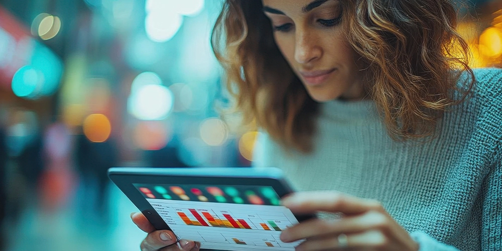 Mujer revisando métricas de pauta digital